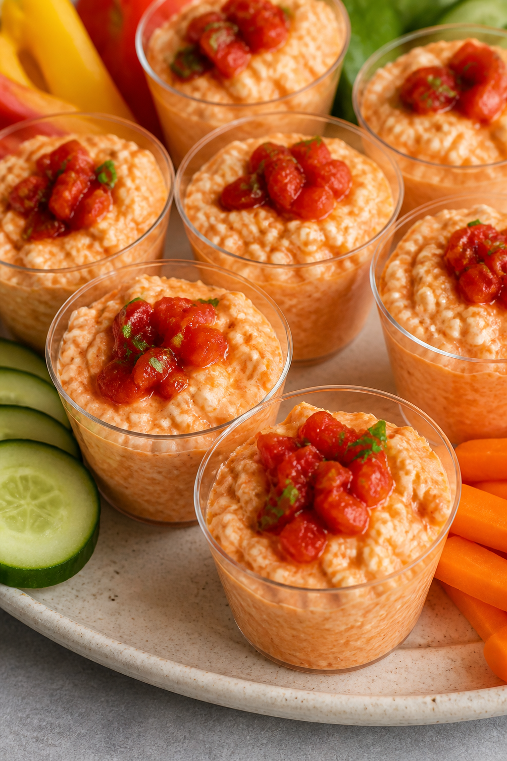 Roasted red pepper cottage cheese dip cups on platter, close-up
