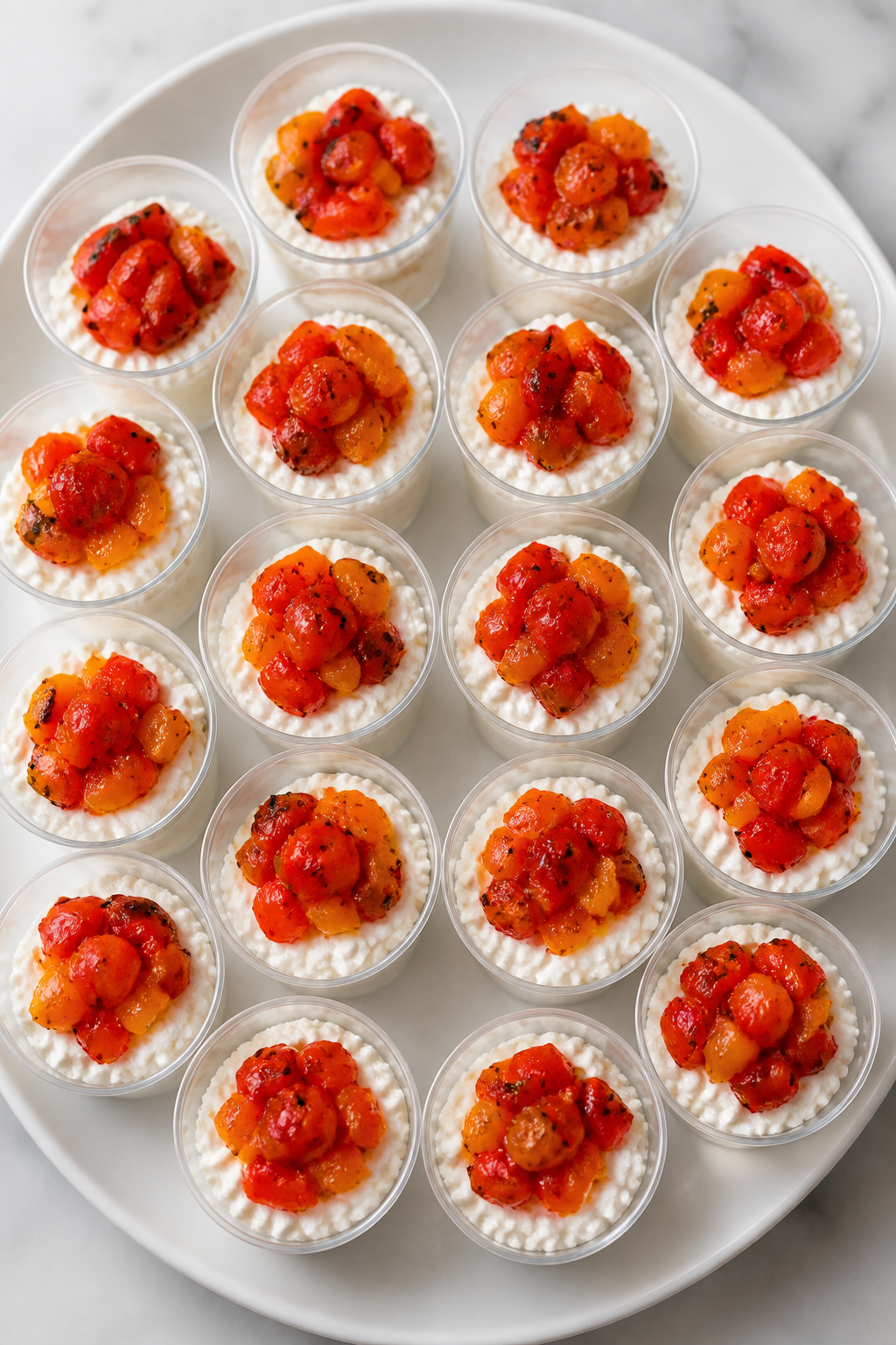 Assembly shot: cottage cheese, roasted peppers in mini cups