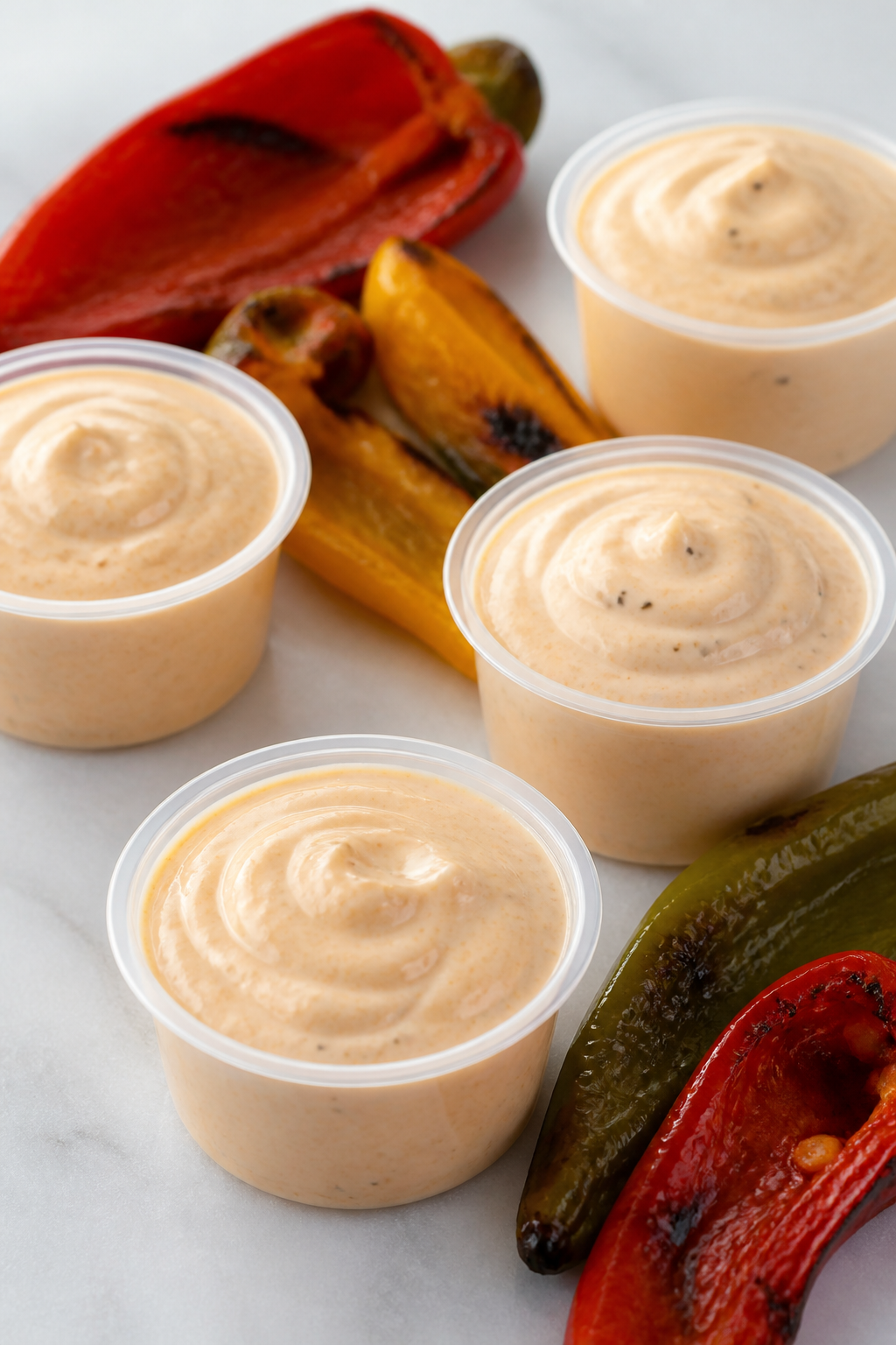 Creamy dip cups with smoky pepper slices, studio lighting high