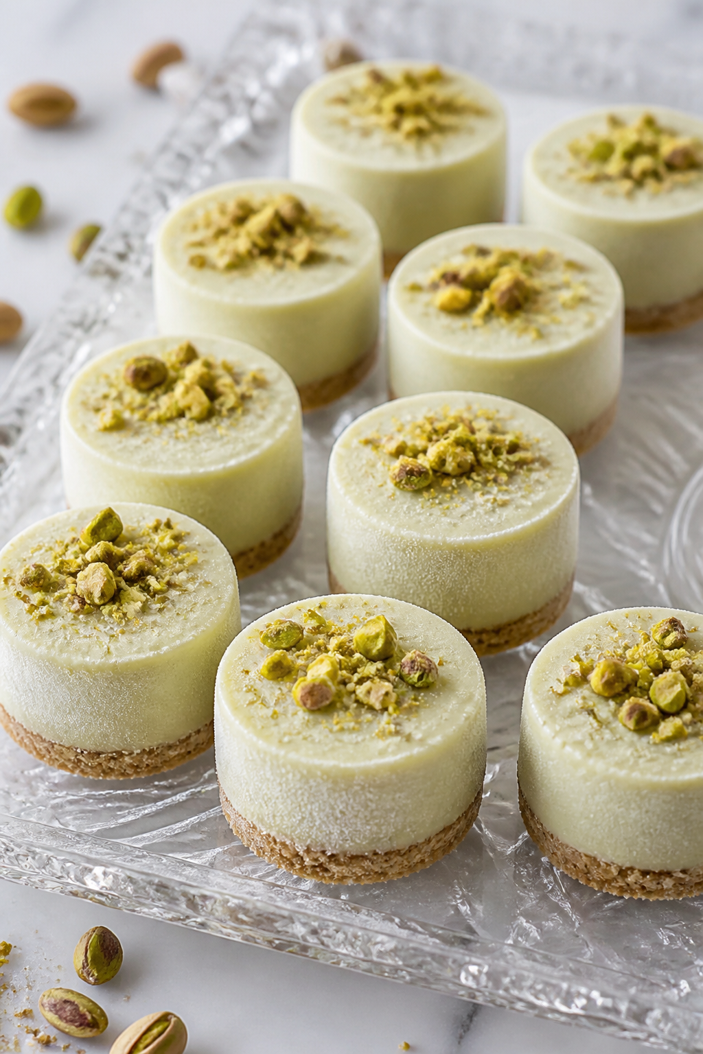 Frozen pistachio cheesecake bites on glass tray