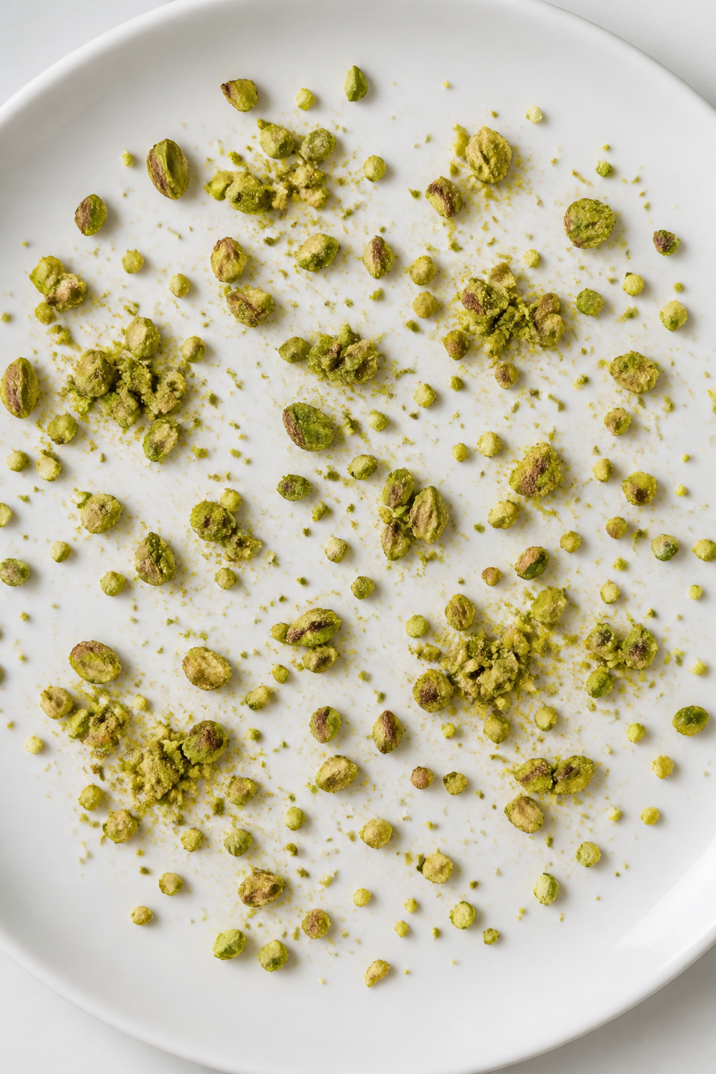 Crushed pistachios sprinkled around on white plate