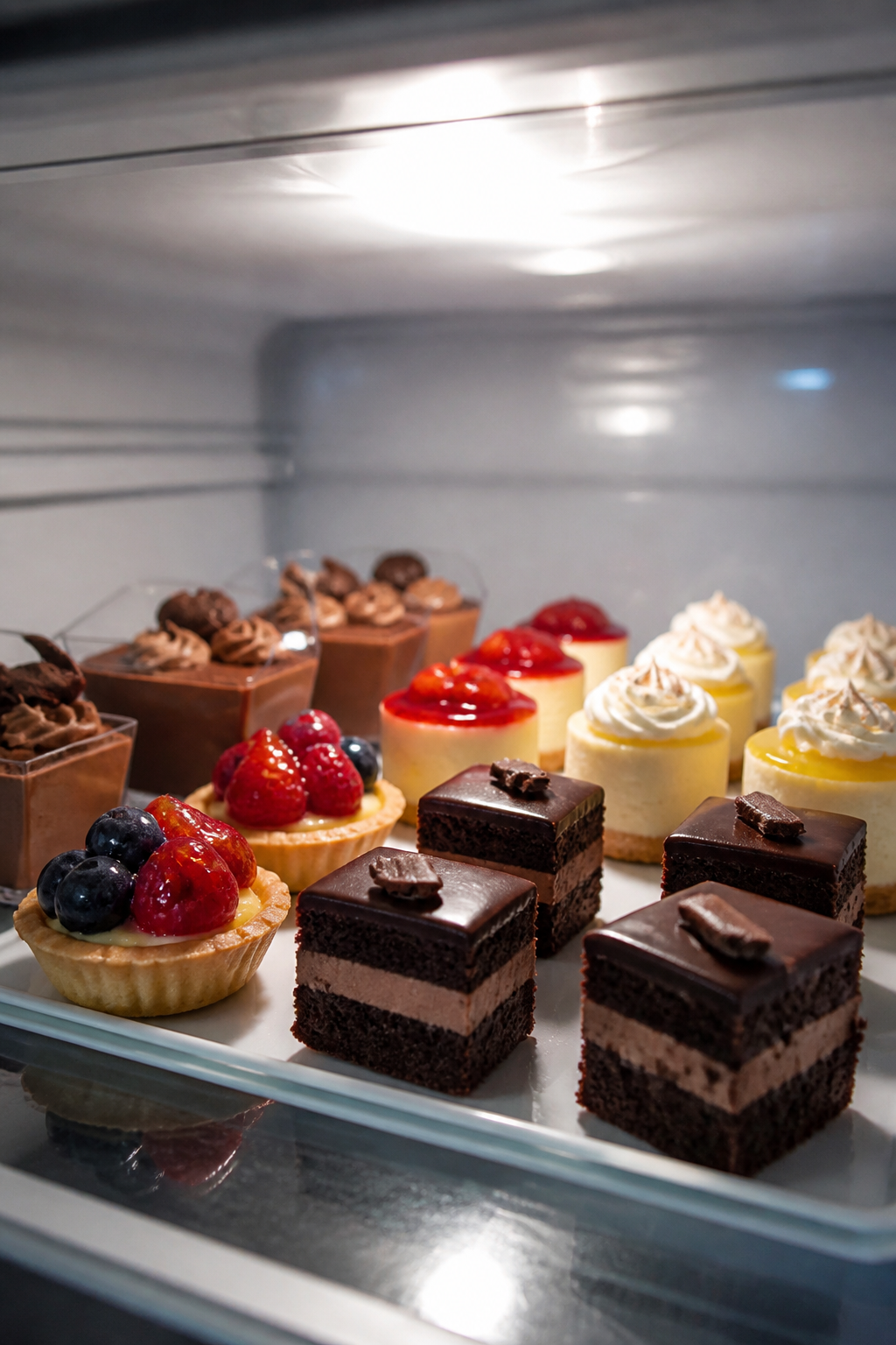 Fridge light reflection highlighting bite-sized desserts