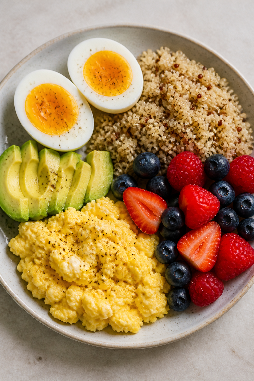 high-protein breakfast plate with eggs, quinoa, avocado, berries