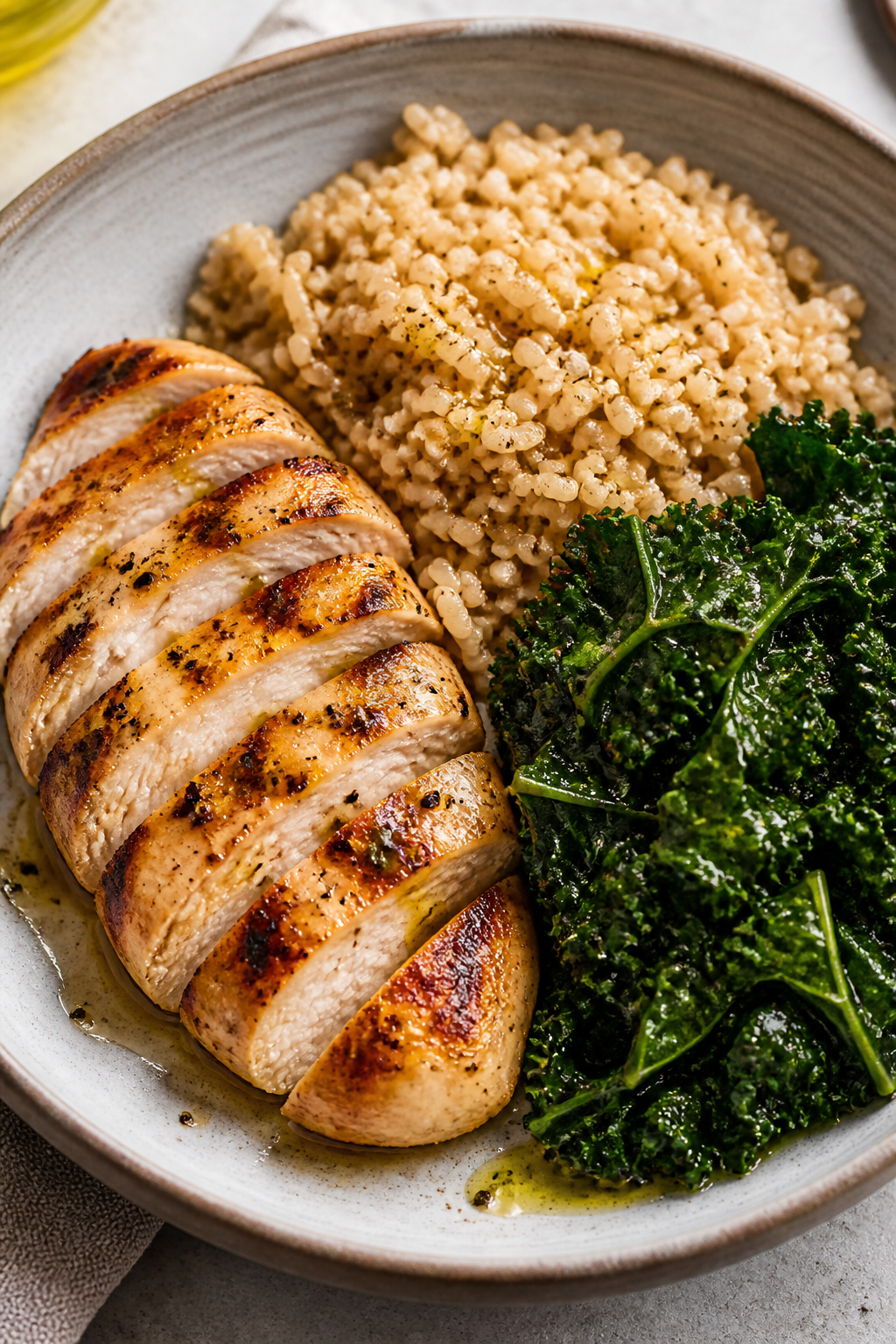 balanced strength meal: grilled chicken, brown rice, greens, olive oil drizzle