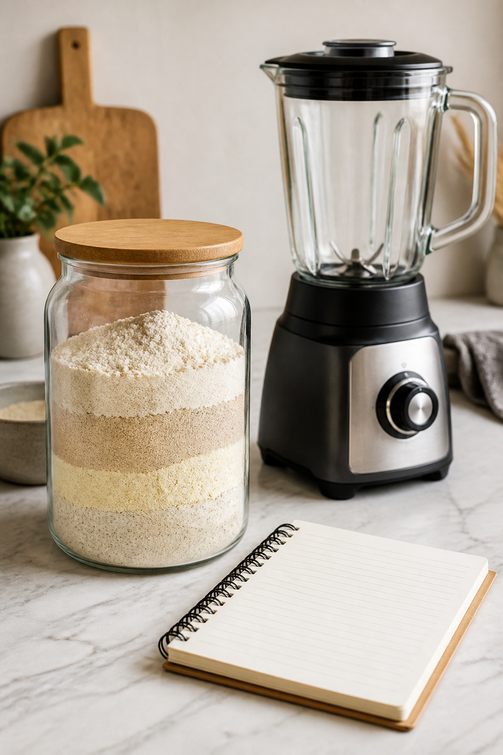 Travel Solo As A Women All Across The Globe!!! Glass jar of gluten-free flours, blender, notebook