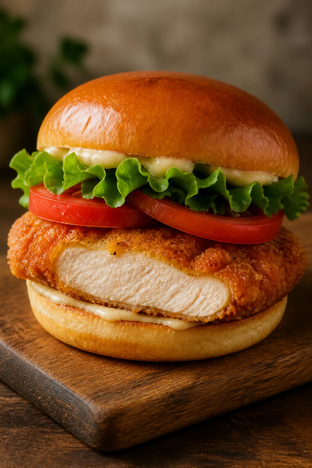 Crispy chicken breast sandwich on wooden board