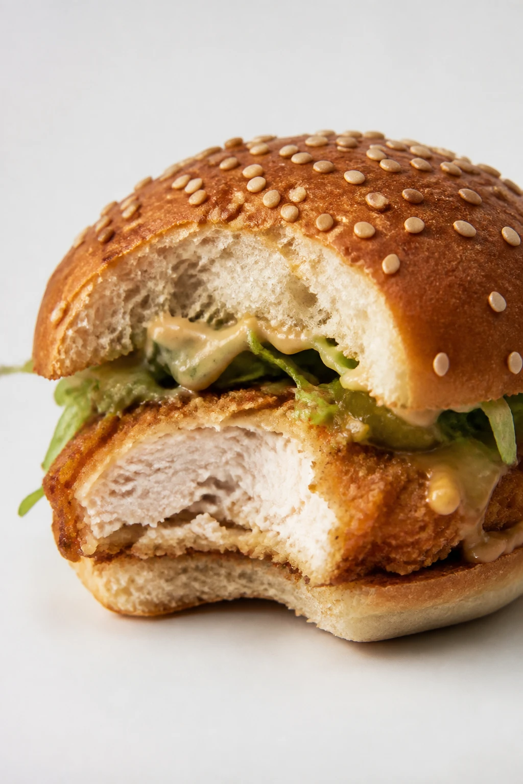 Studio shot: bite of crusty chicken sandwich with sesame seeds