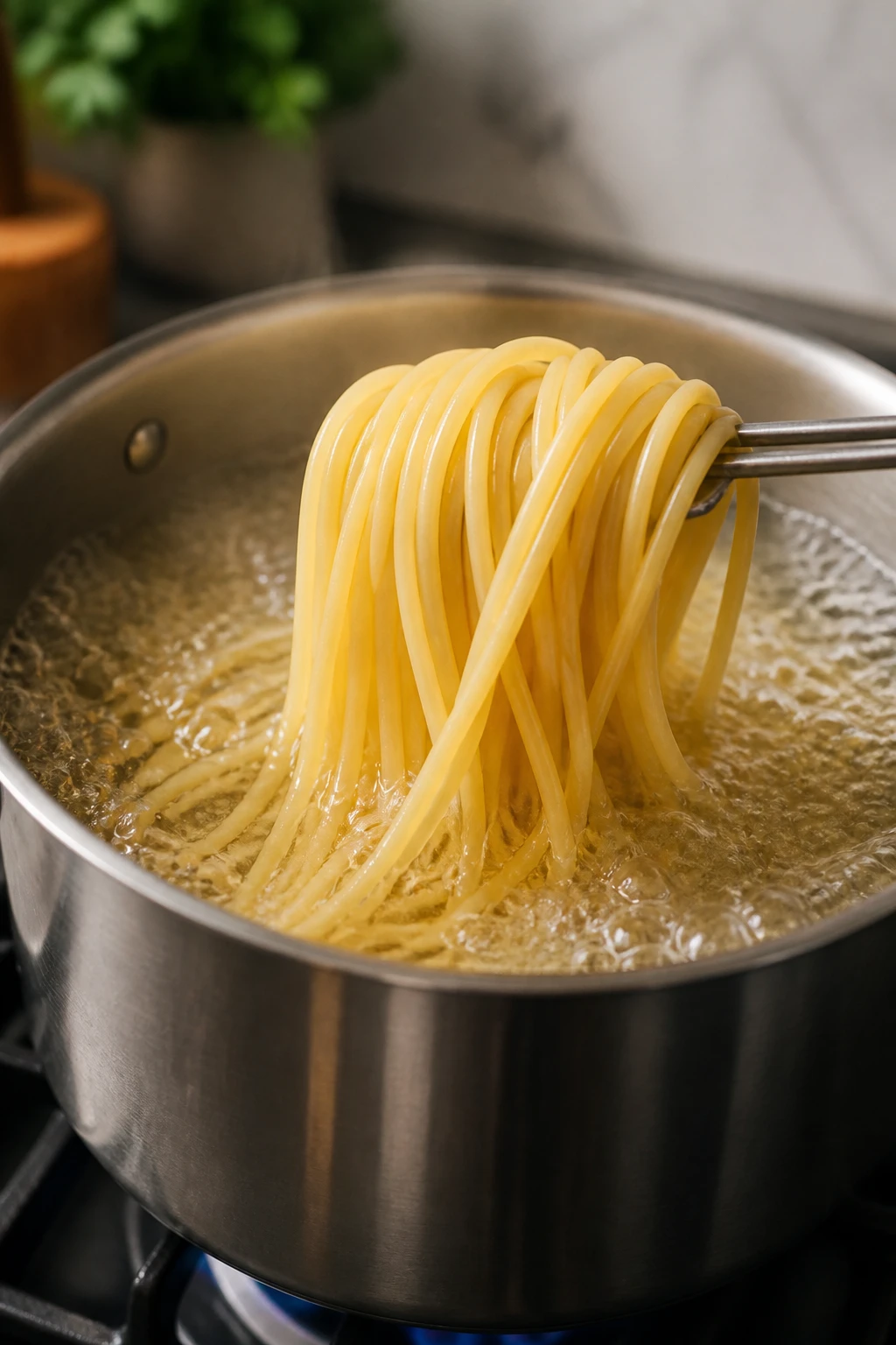 perfectly al dente spaghetti in pot of boiling water