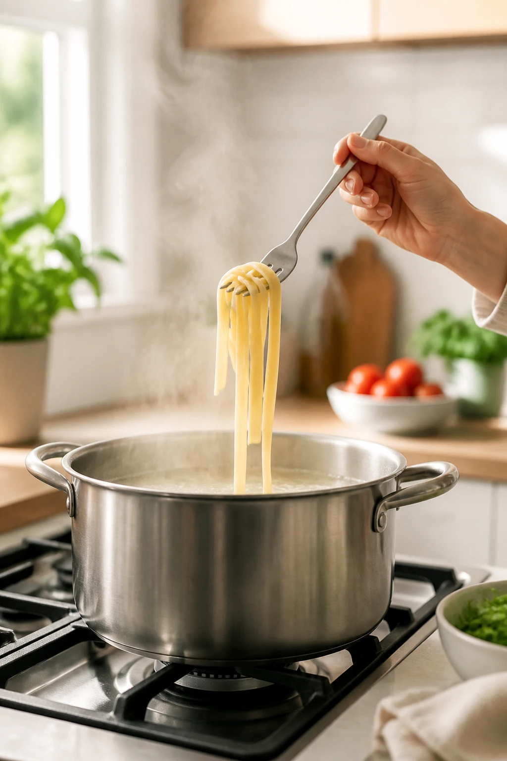 timer hand checking pasta, steam rising, bright kitchen