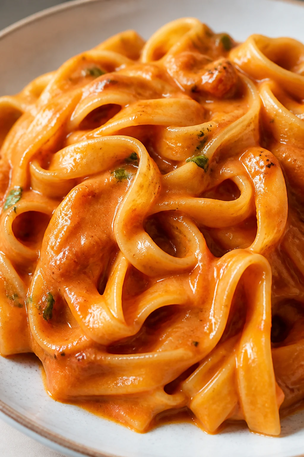 glossy pasta with sauce clinging, close-up plate