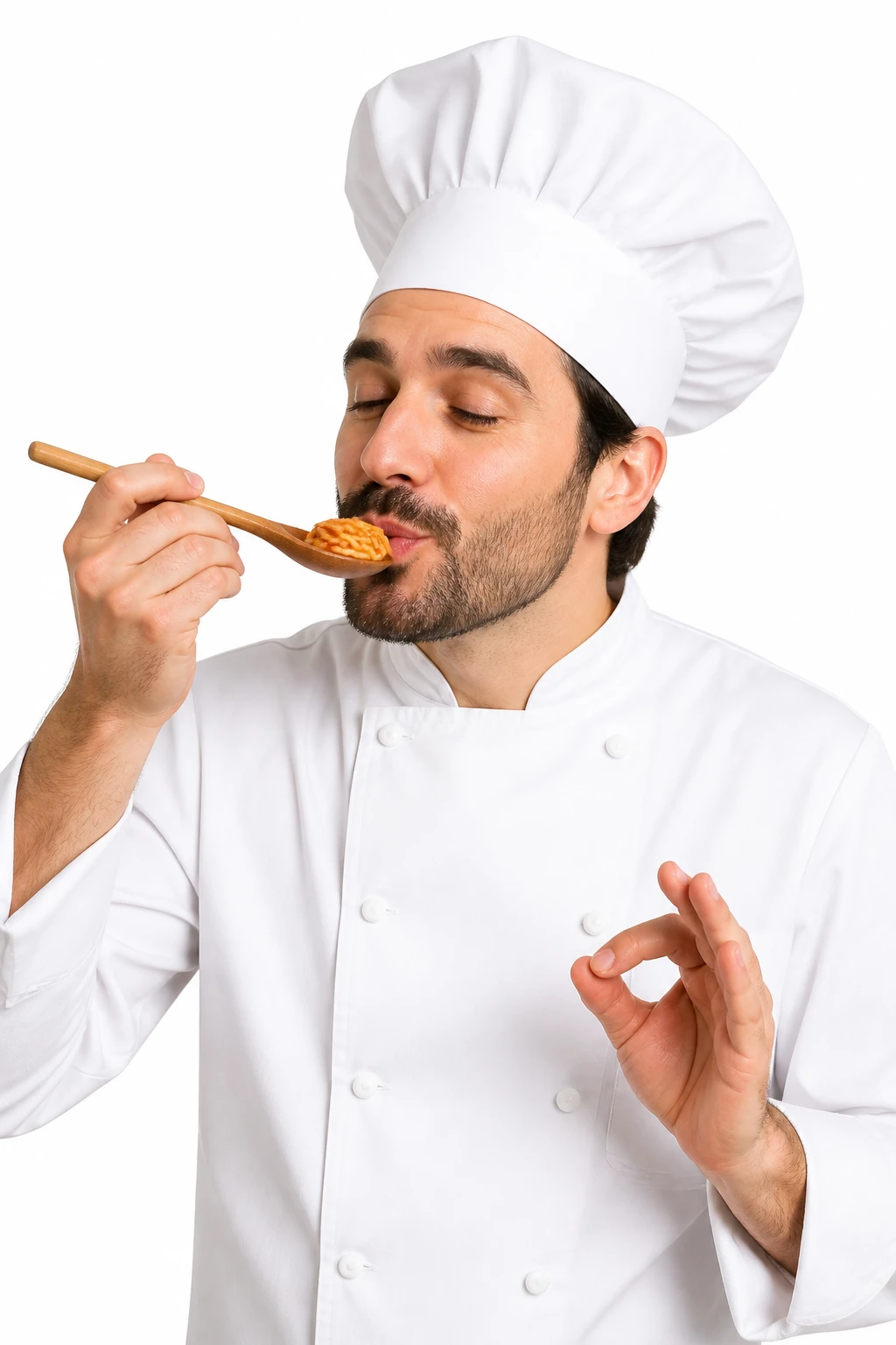 chef tasting pasta, wooden spoon, clean white background