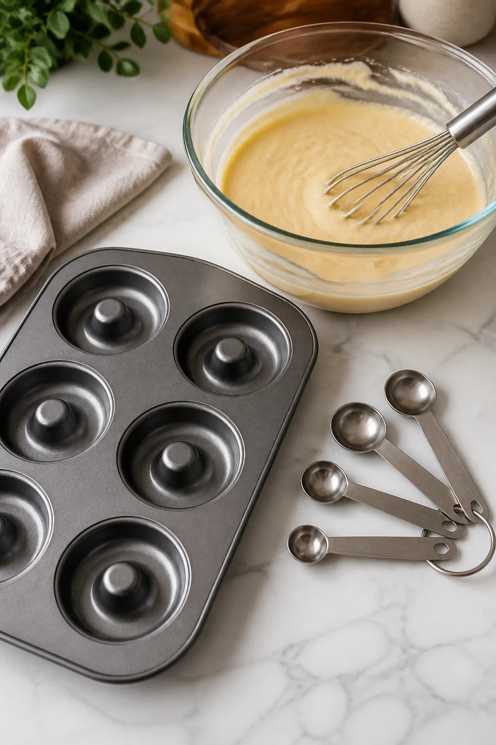 donut pan with batter measuring spoons setup
