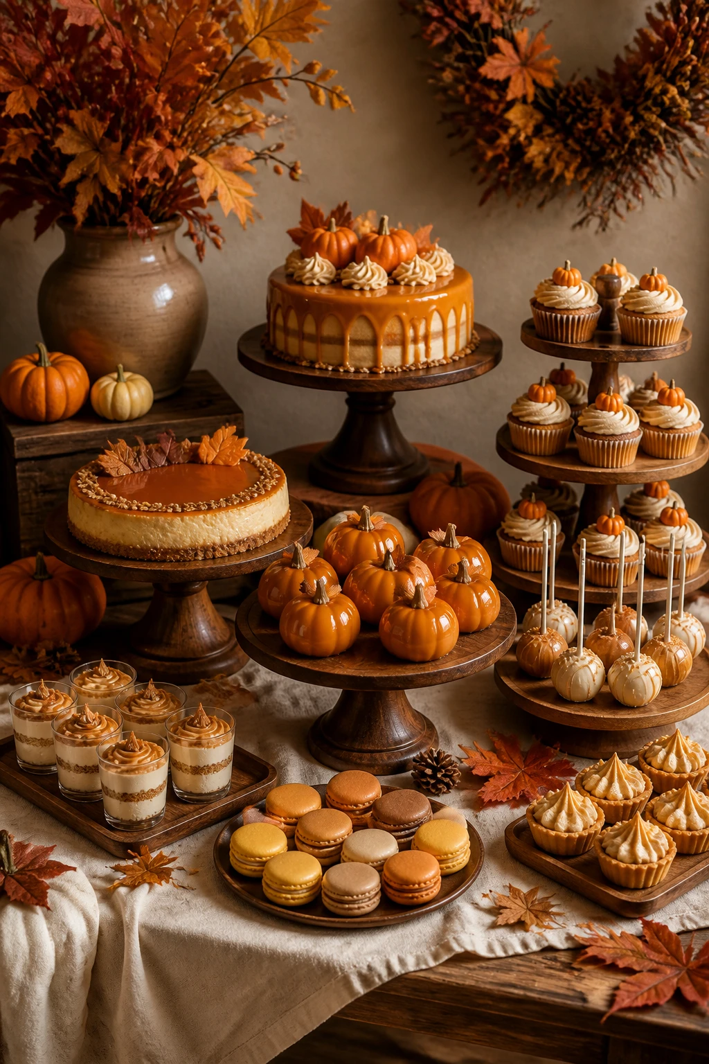 autumn-themed dessert table with pumpkin glaze
