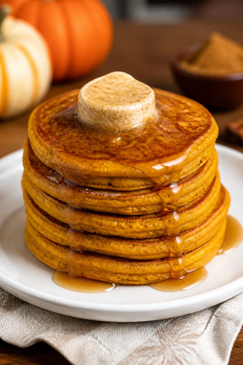 Stacked pumpkin pancakes with cinnamon butter on white plate