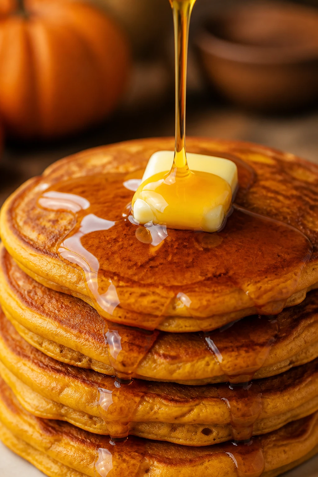 Close-up drizzle of maple glaze over pumpkin pancakes