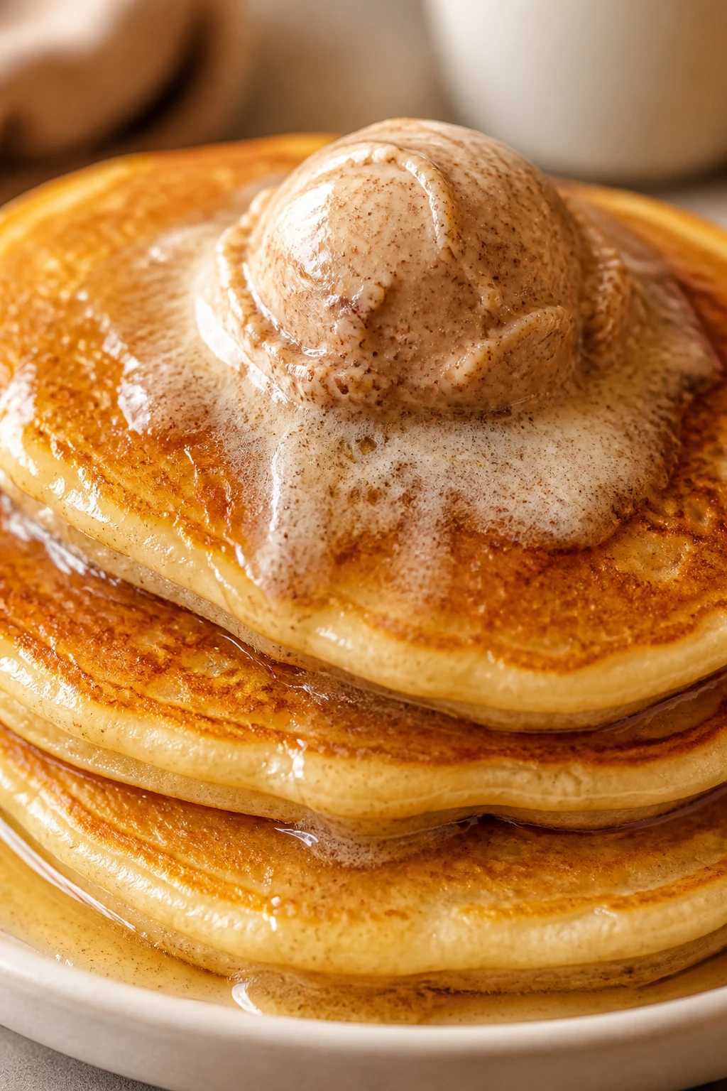 Cinnamon butter scoop melting onto warm pancakes