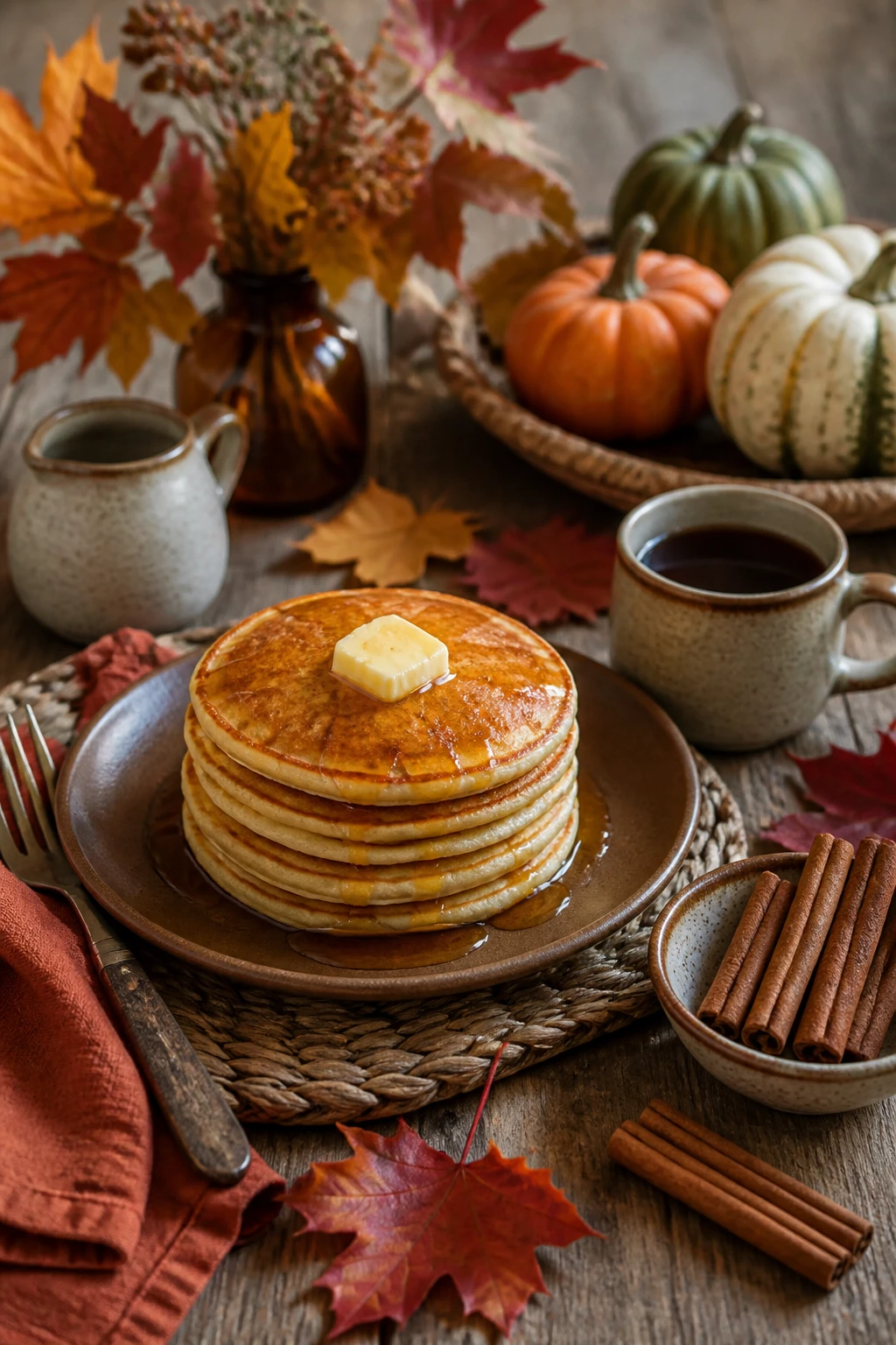 Rustic autumn table setting with pancakes and cinnamon sticks