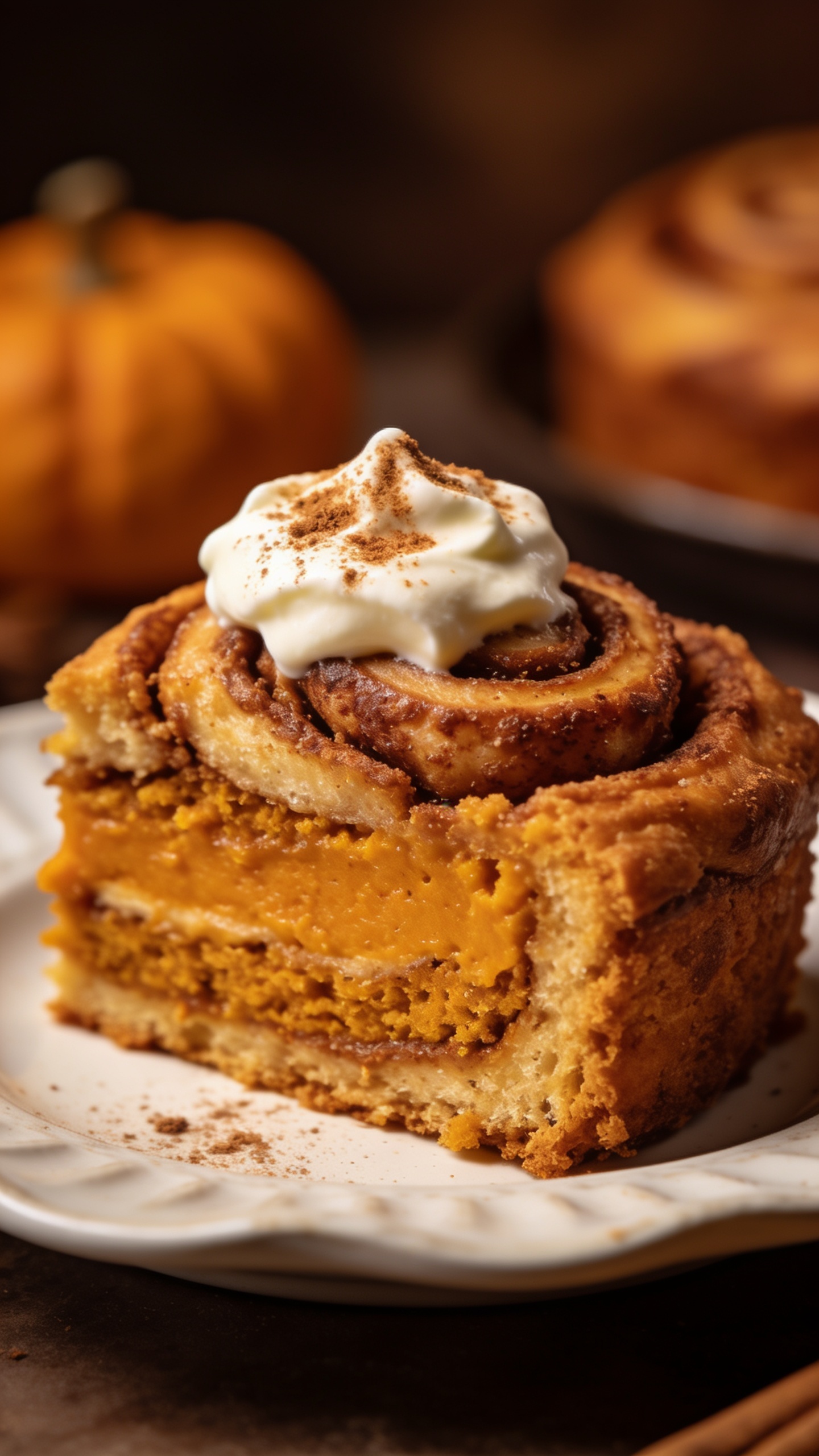 pumpkin cinnamon roll cake plated slice close-up