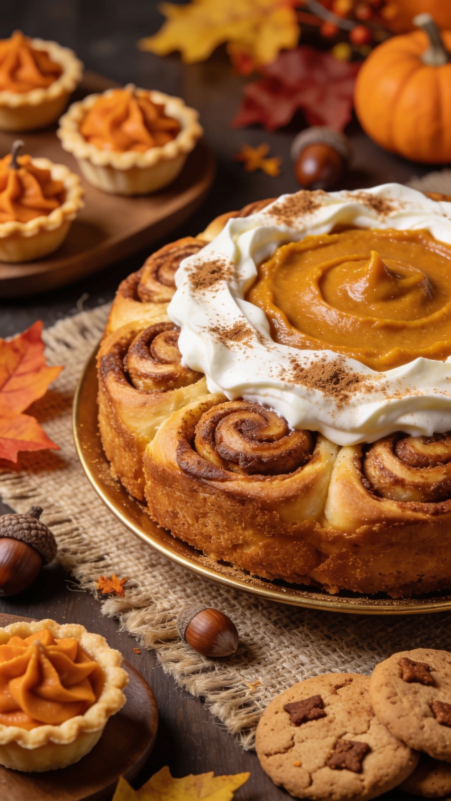 fall dessert table with pumpkin cinnamon roll cake