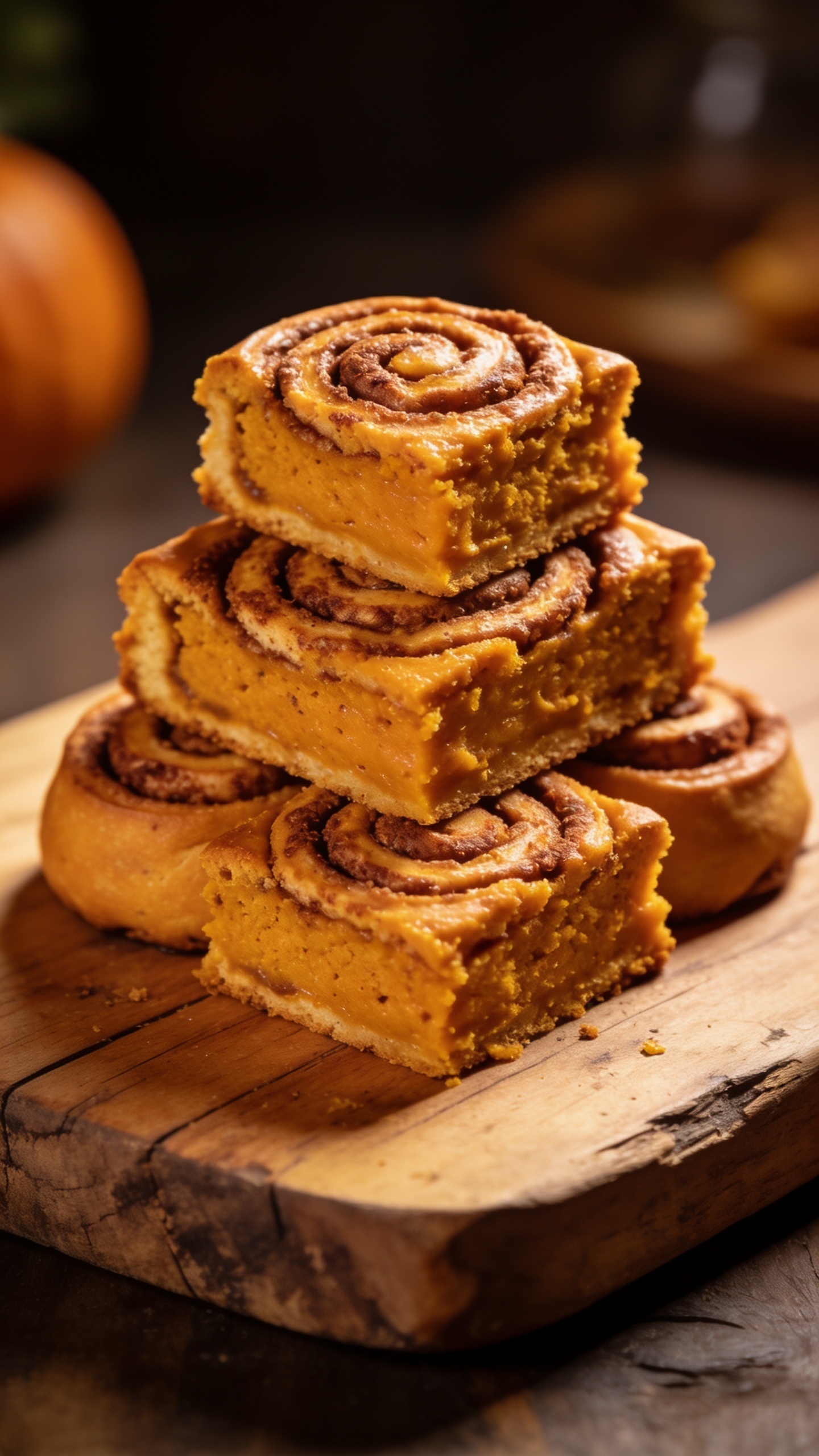 rustic wood board pyramid slices pumpkin cinnamon roll cake